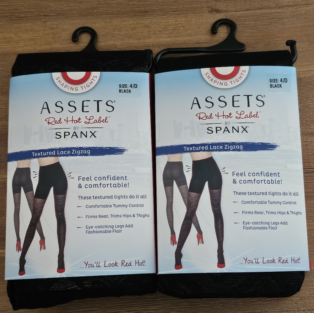2x New SPANKS Assets Red Hot Label Black Textured Lace Zigzag Tights, Nylons